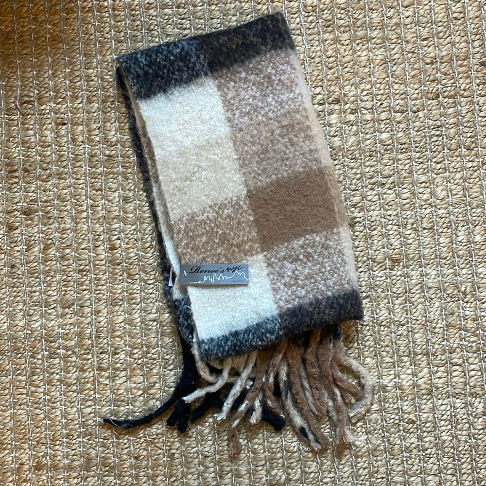 NWT Blanket Scarf: Black, white, and cream plaid pattern